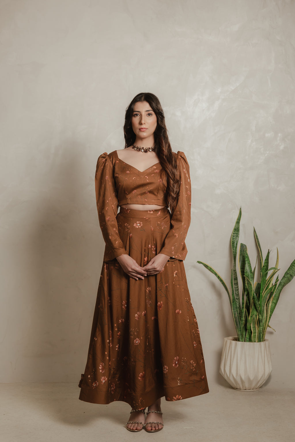 Sthira Cosmos co-ord set in vegan silk, chestnut botanical print, front view