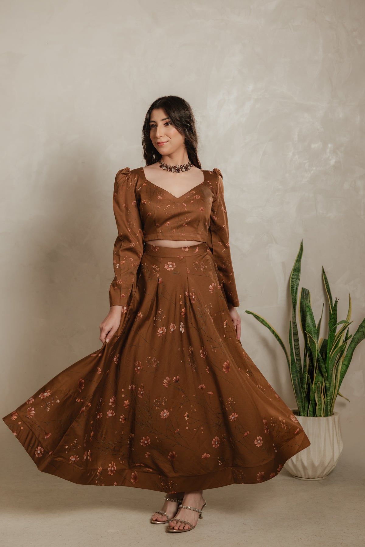 Sthira Cosmos co-ord set, skirt held wide