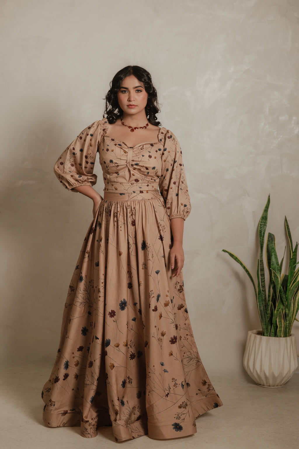 Sthira Nigella co-ord set in vegan silk, beige botanical print, front view