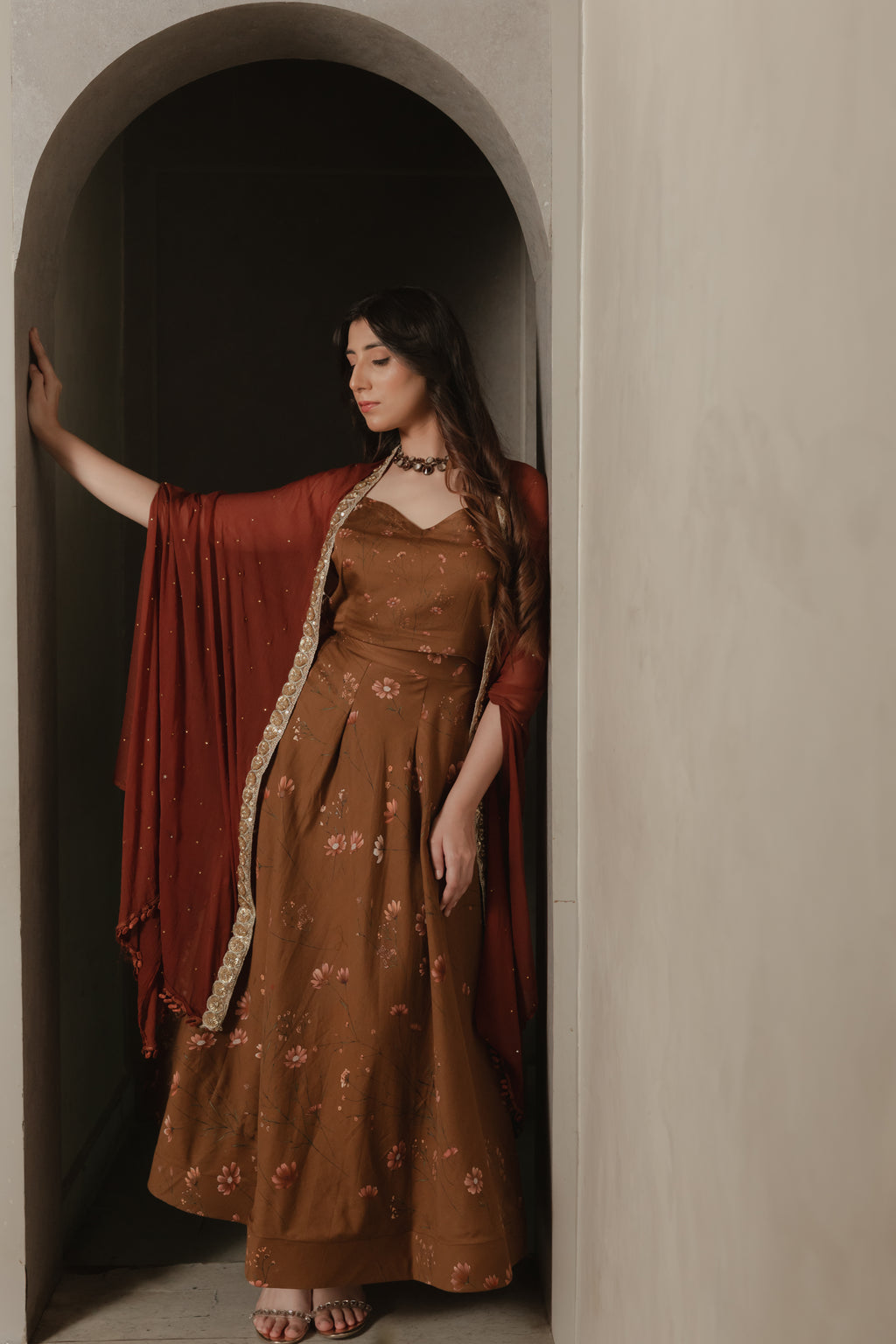 Sthira Zinnia co-ord set in vegan silk, cocoa botanical print, with rust dupatta