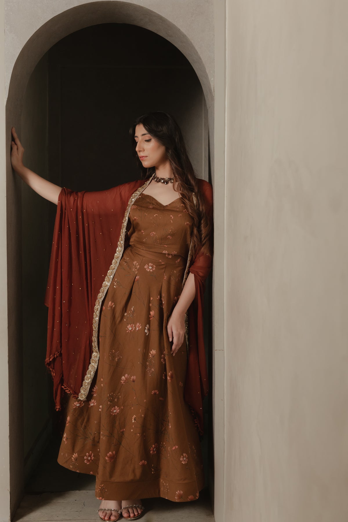 Sthira Zinnia co-ord set in vegan silk, cocoa botanical print, with rust dupatta