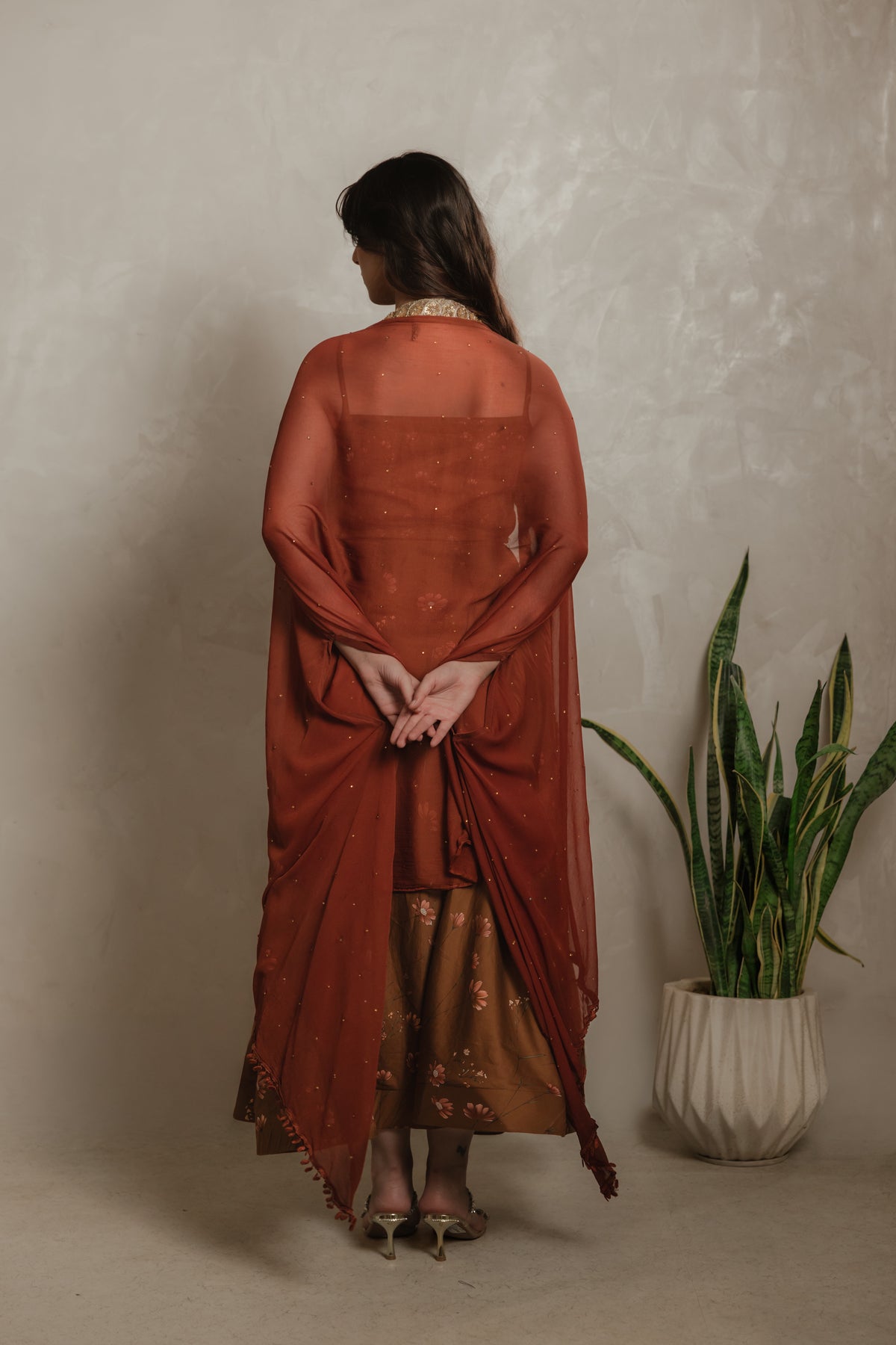 Sthira Zinnia co-ord set, back view with dupatta
