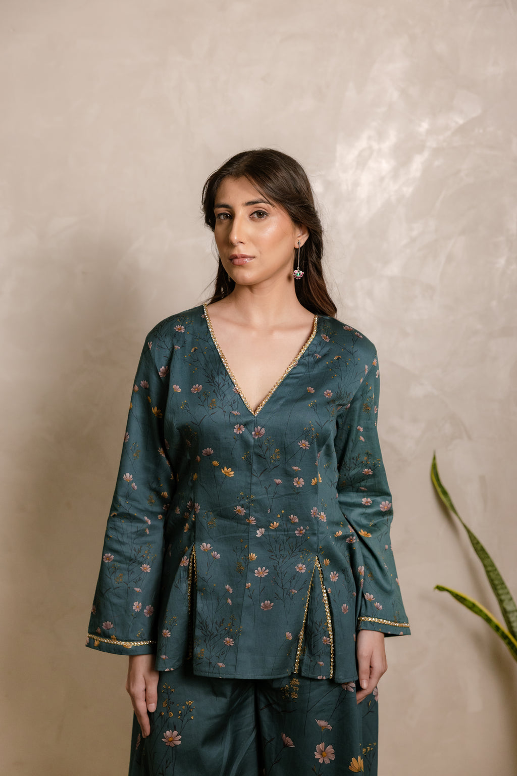 Sthira Hyacinth co-ord set in vegan silk, front view, closer crop