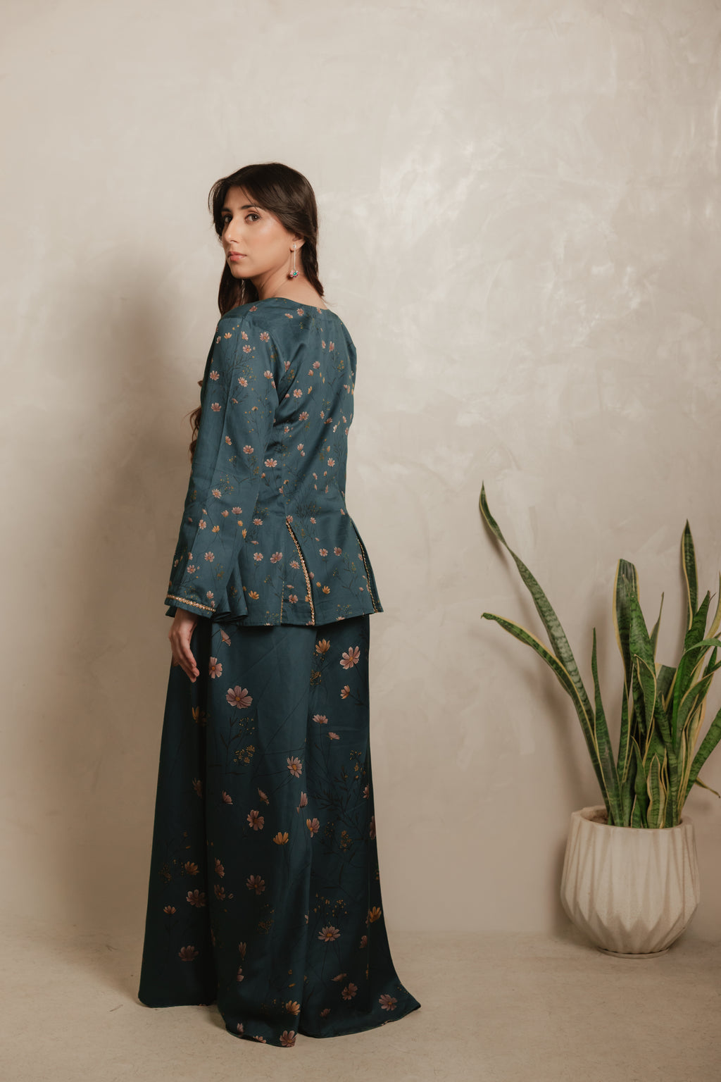 Sthira Hyacinth co-ord set in vegan silk, back view