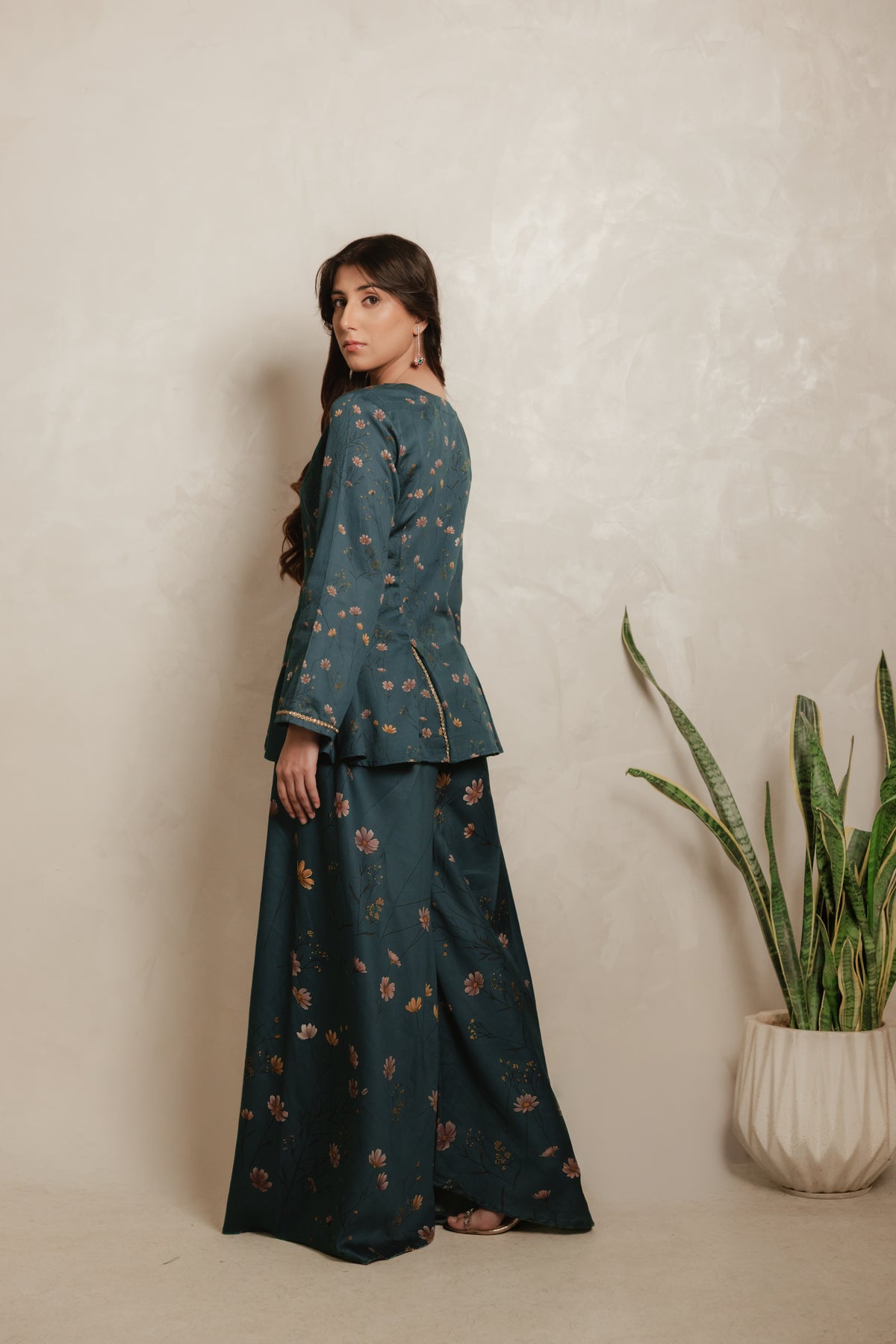 Sthira Hyacinth co-ord set in vegan silk, back view