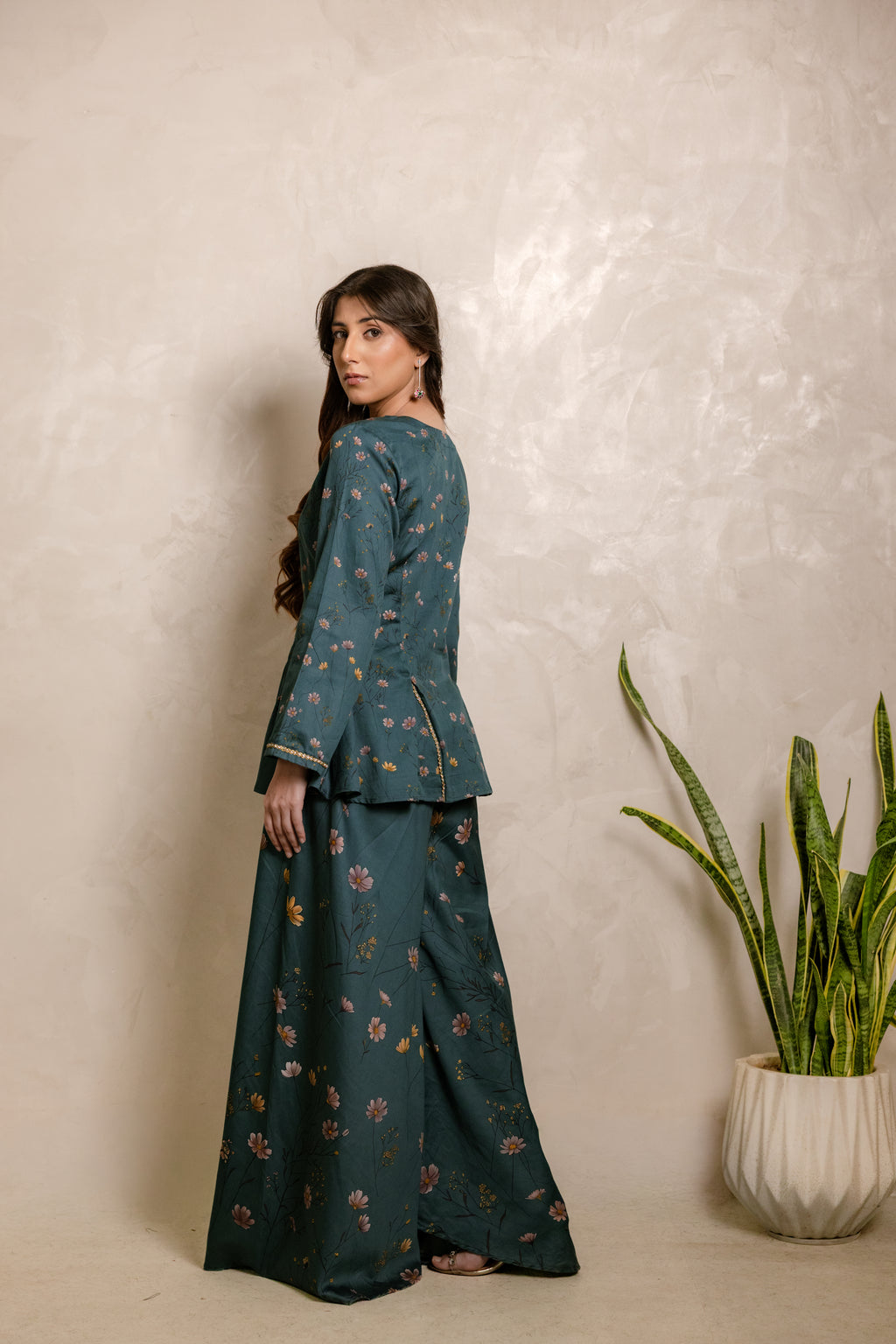 Sthira Hyacinth co-ord set in vegan silk, side view
