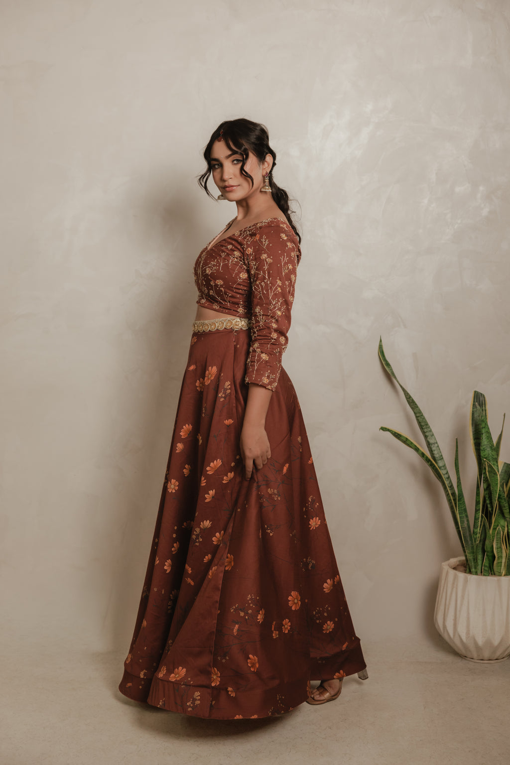 Sthira Marigold lehenga skirt in vegan silk with botanical print, worn with the embroidered blouse