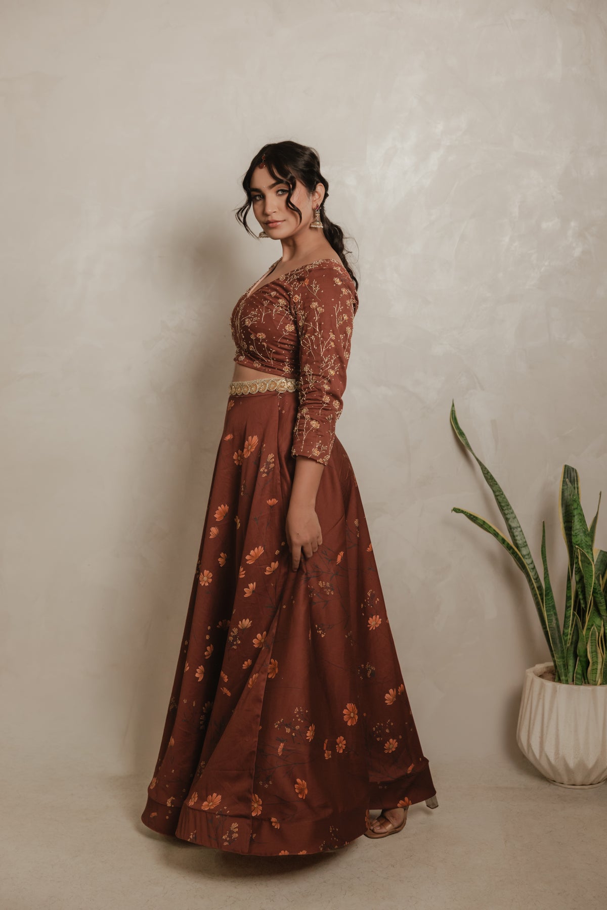 Sthira Marigold lehenga skirt in vegan silk with botanical print, worn with the embroidered blouse