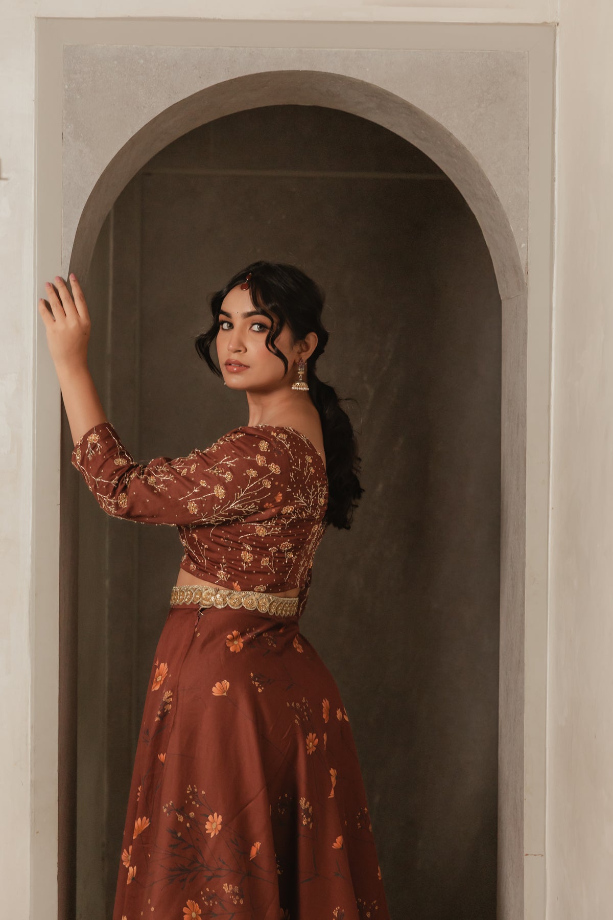 Sthira Marigold lehenga skirt in vegan silk with botanical print, worn with the embroidered blouse