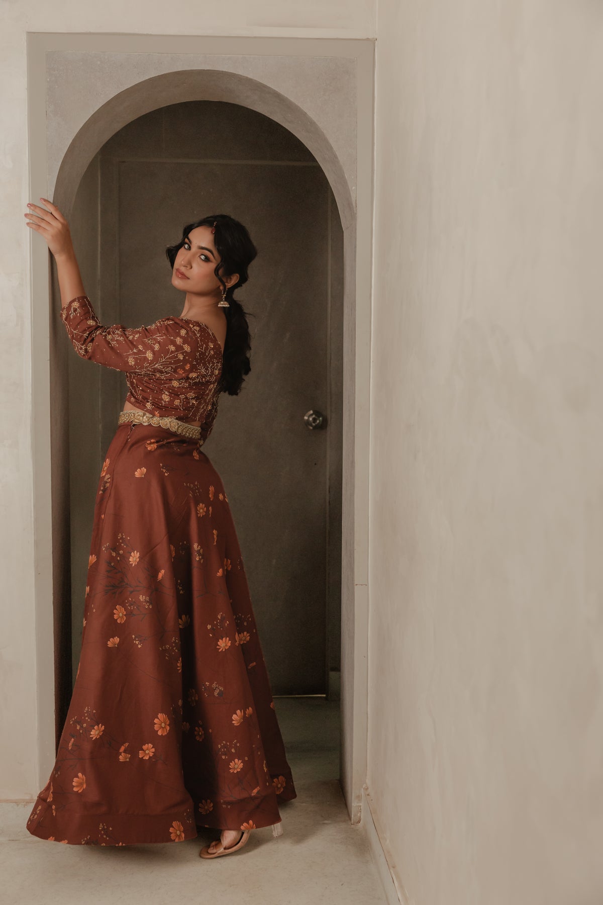 Sthira Marigold lehenga skirt in vegan silk with botanical print, worn with the embroidered blouse