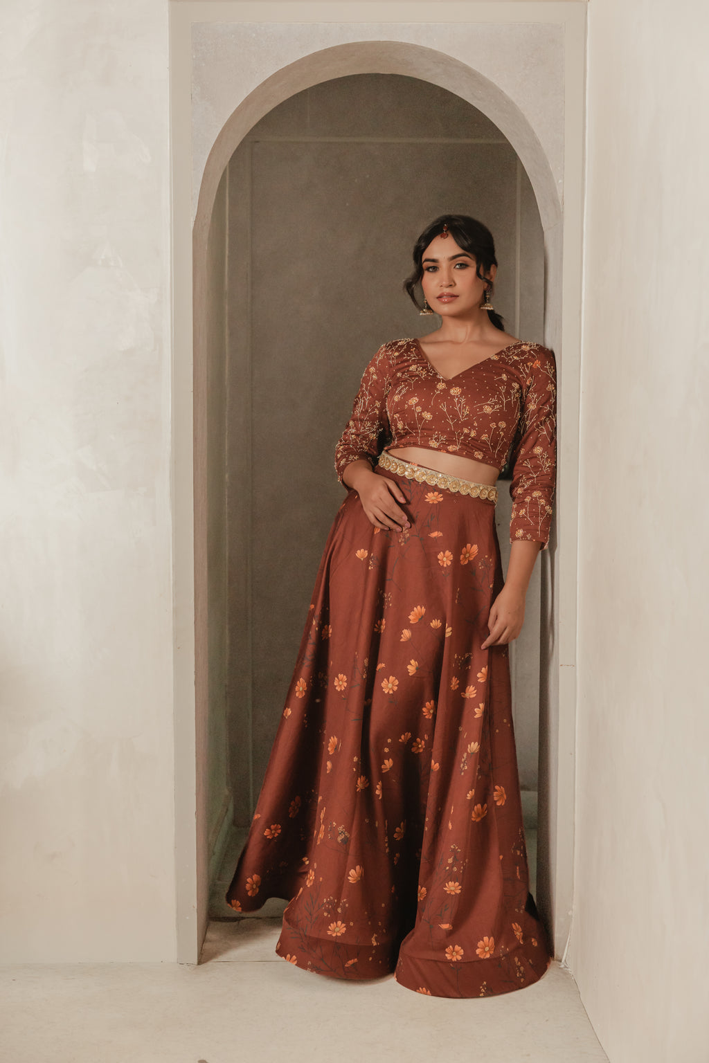 Sthira Marigold lehenga skirt in vegan silk with botanical print, worn with the embroidered blouse