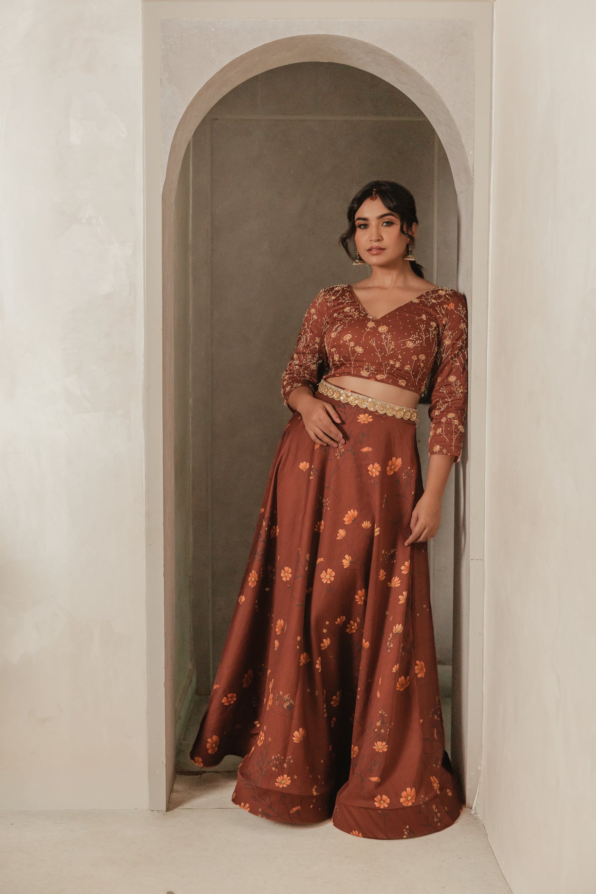 Sthira Marigold lehenga skirt in vegan silk with botanical print, worn with the embroidered blouse