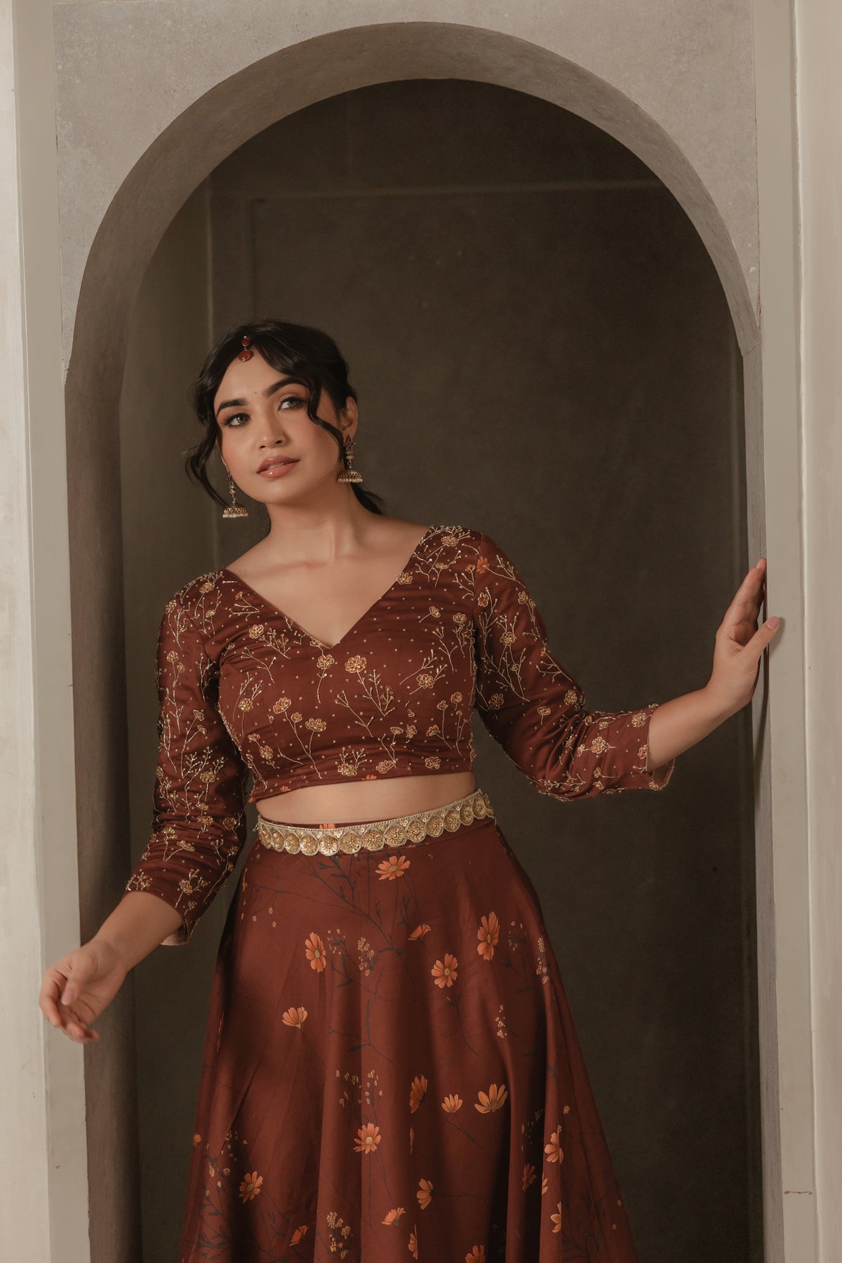 Sthira Marigold lehenga skirt in vegan silk with botanical print, worn with the embroidered blouse