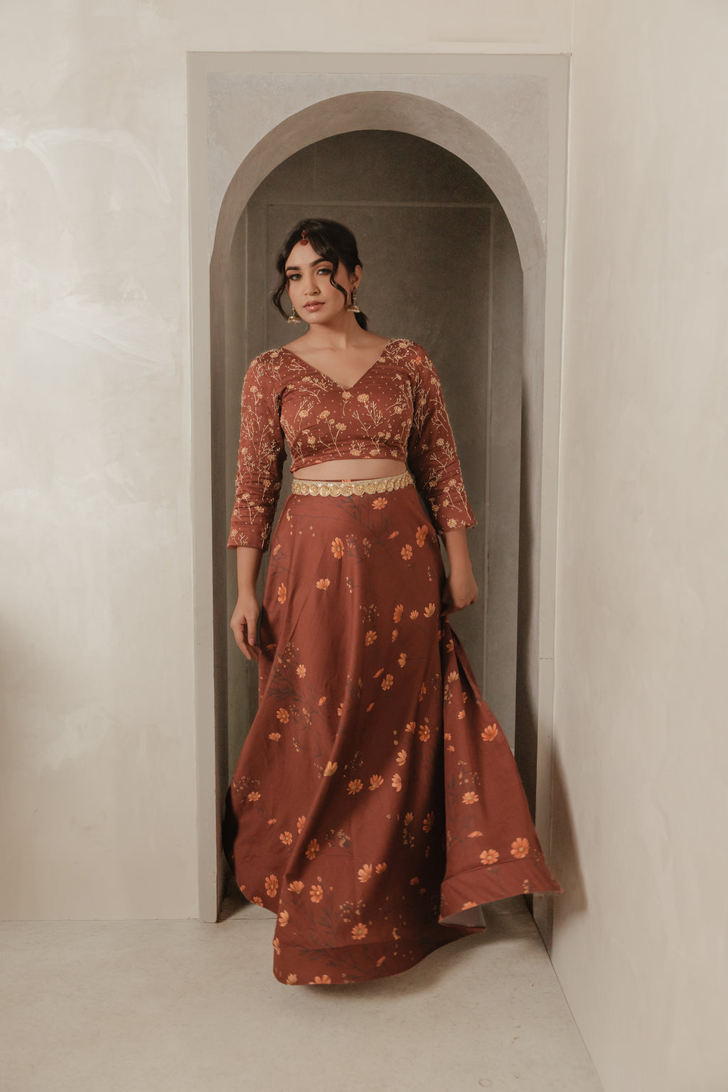 Sthira Marigold lehenga skirt in vegan silk with botanical print, worn with the embroidered blouse