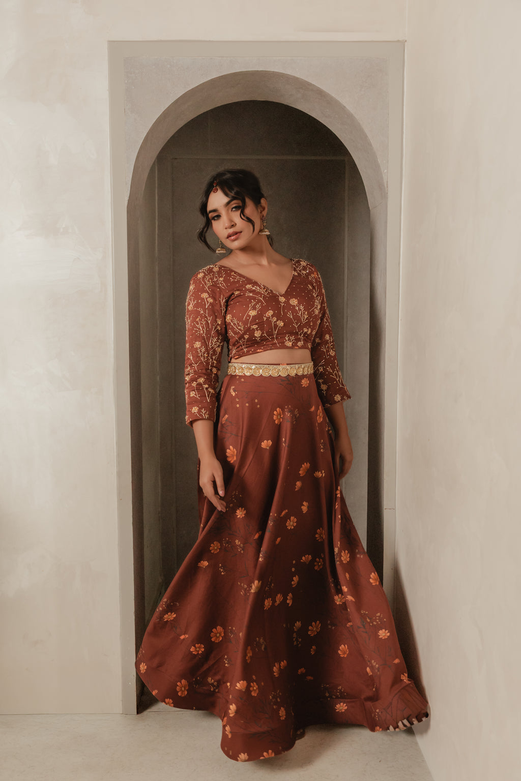 Sthira Marigold lehenga skirt in vegan silk with botanical print, worn with the embroidered blouse