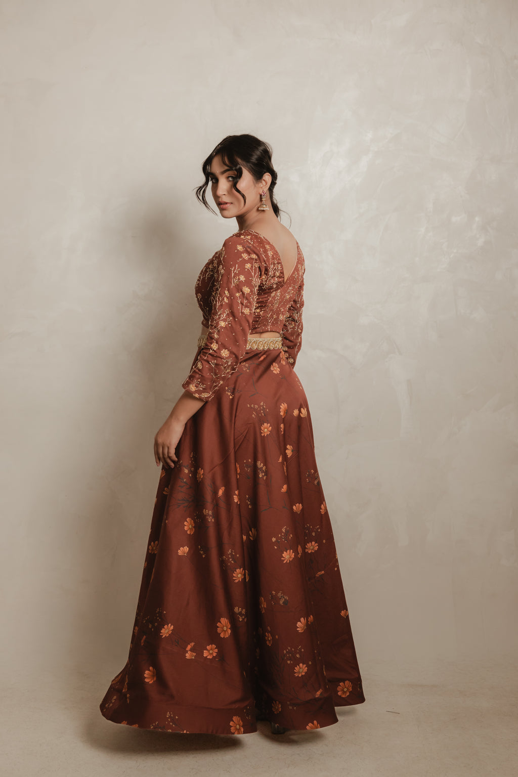 Sthira Marigold lehenga skirt in vegan silk with botanical print, worn with the embroidered blouse