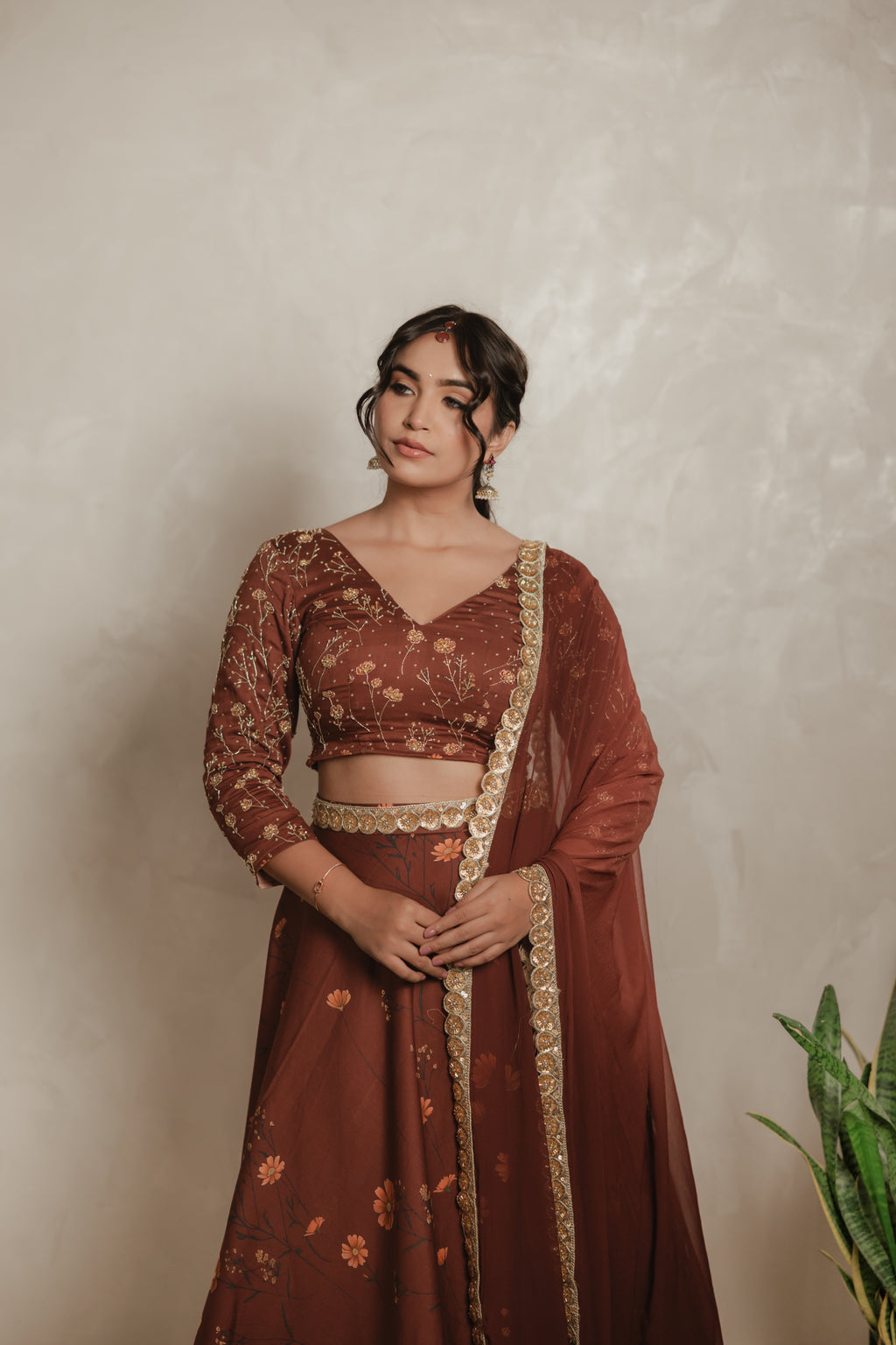 Sthira Marigold lehenga skirt in vegan silk with botanical print, worn with the embroidered blouse