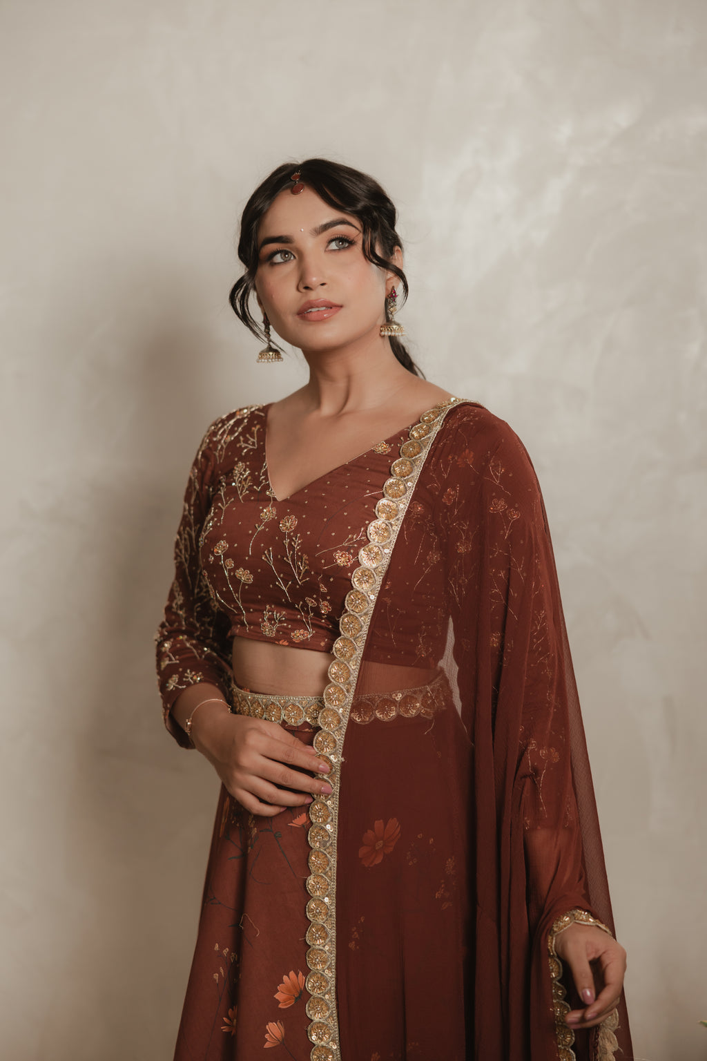 Sthira Marigold lehenga skirt in vegan silk with botanical print, worn with the embroidered blouse