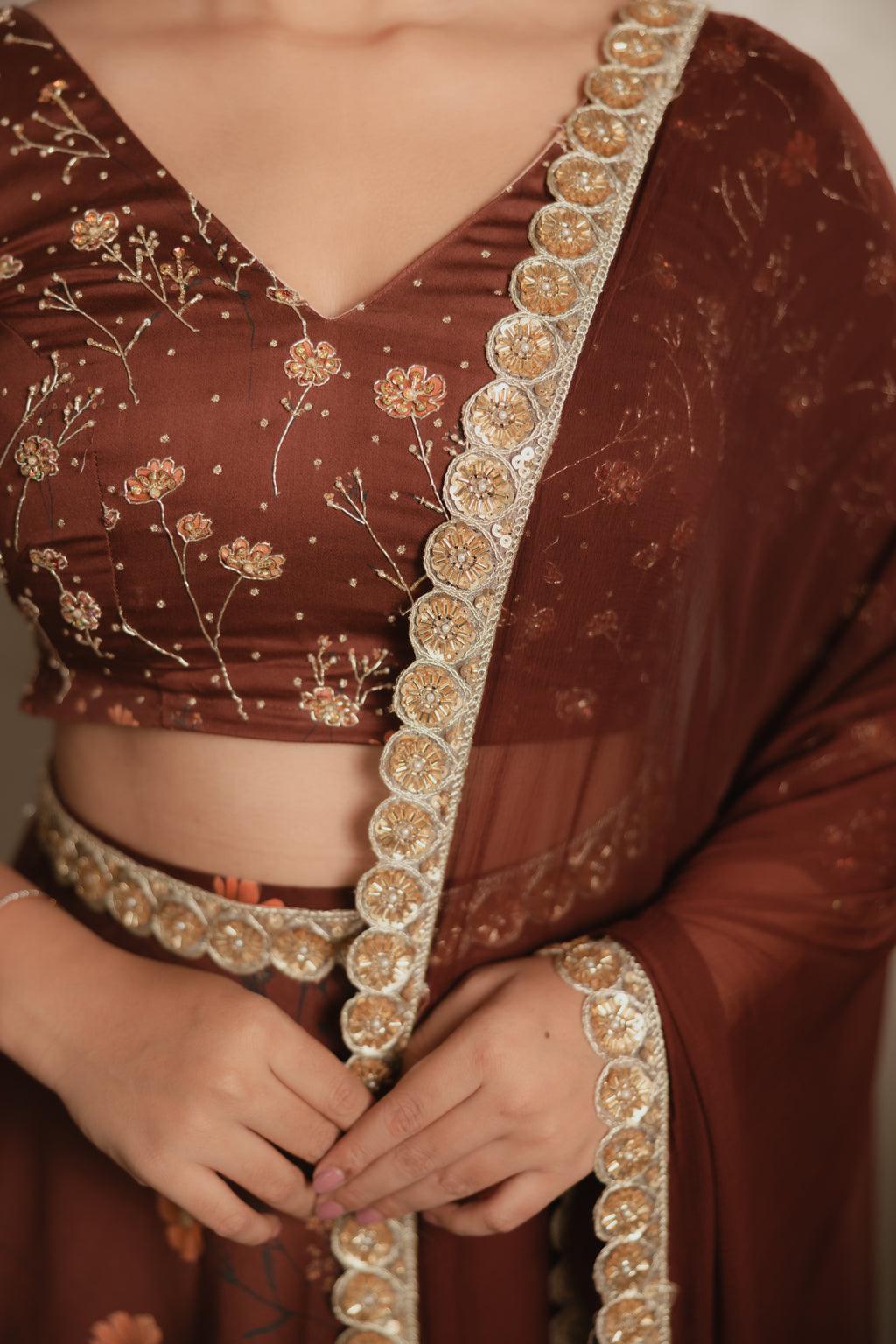 Sthira Marigold lehenga skirt in vegan silk with botanical print, worn with the embroidered blouse