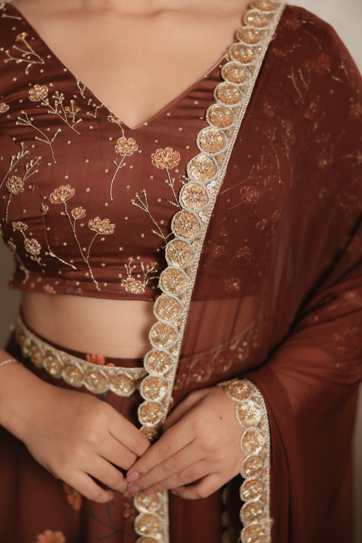 Sthira Marigold lehenga skirt in vegan silk with botanical print, worn with the embroidered blouse