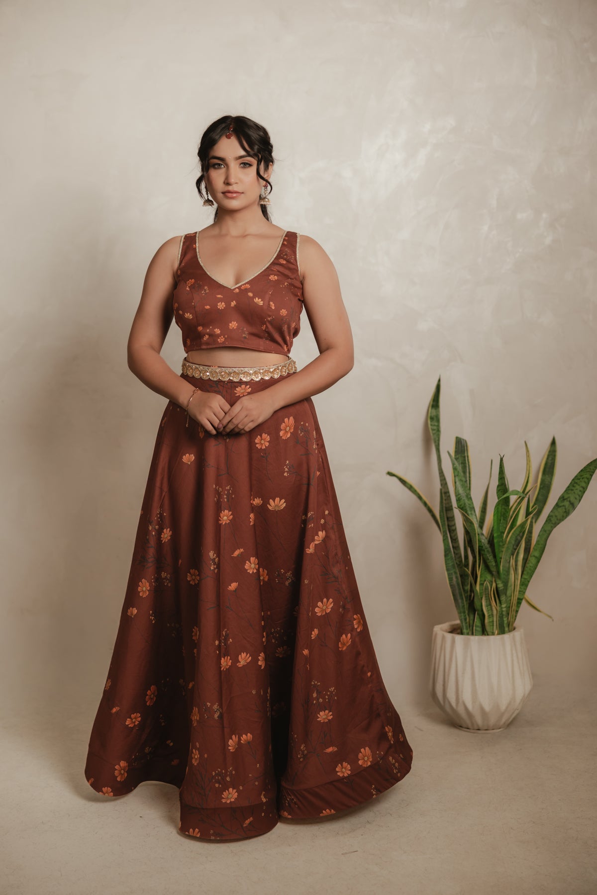 Sthira Celosia co-ord set in vegan silk, rust-brown botanical print, front view