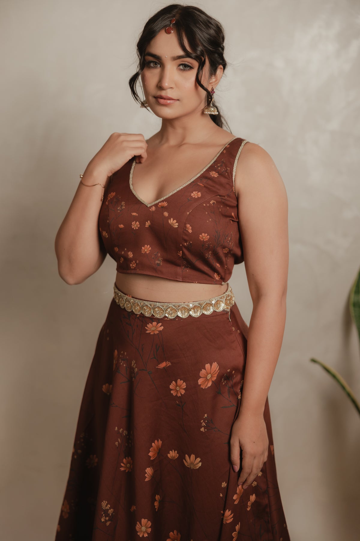 Sthira Celosia co-ord set in vegan silk, rust-brown botanical print, blouse detail, front view
