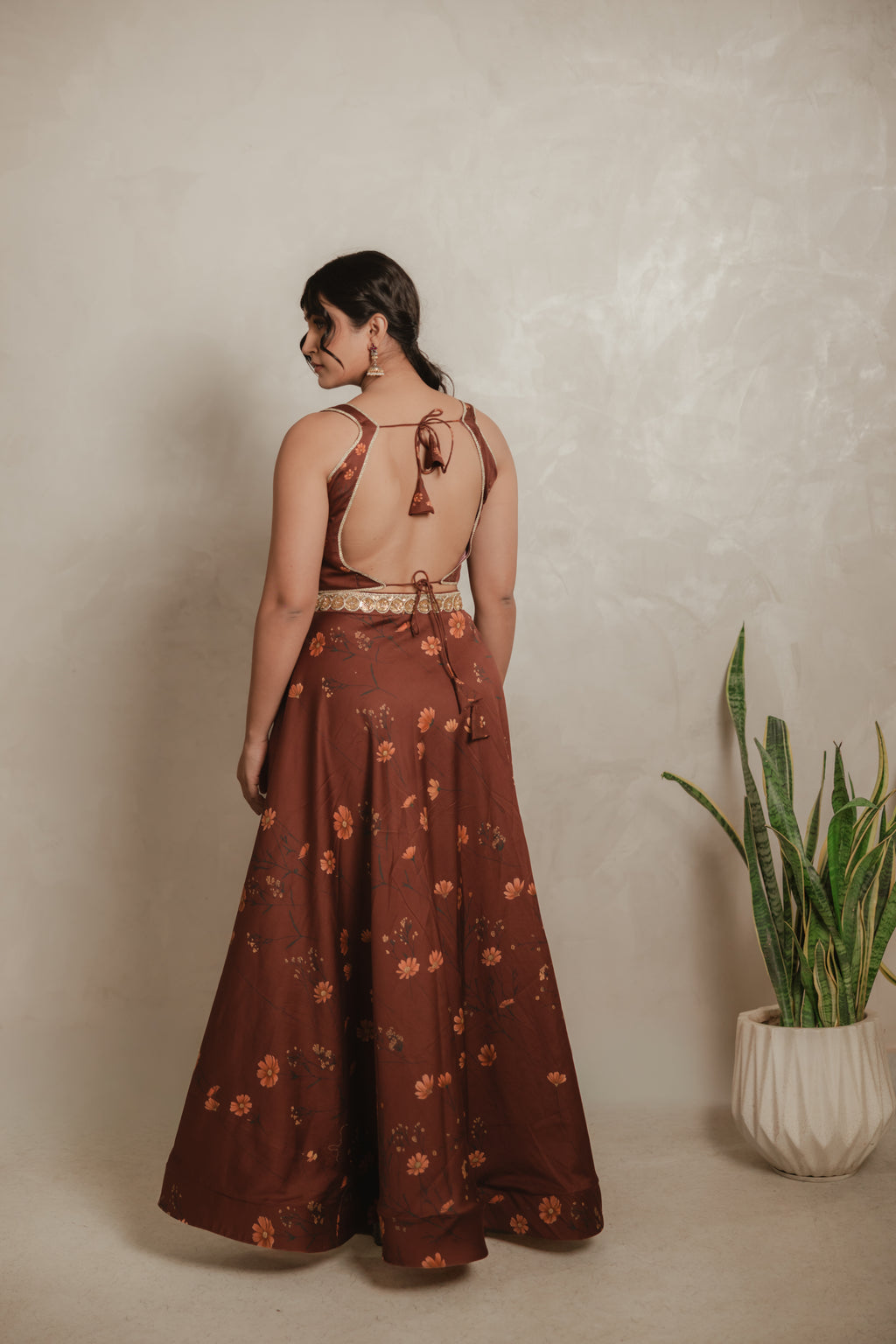 Sthira Celosia co-ord set in vegan silk, rust-brown botanical print, open tie-up back