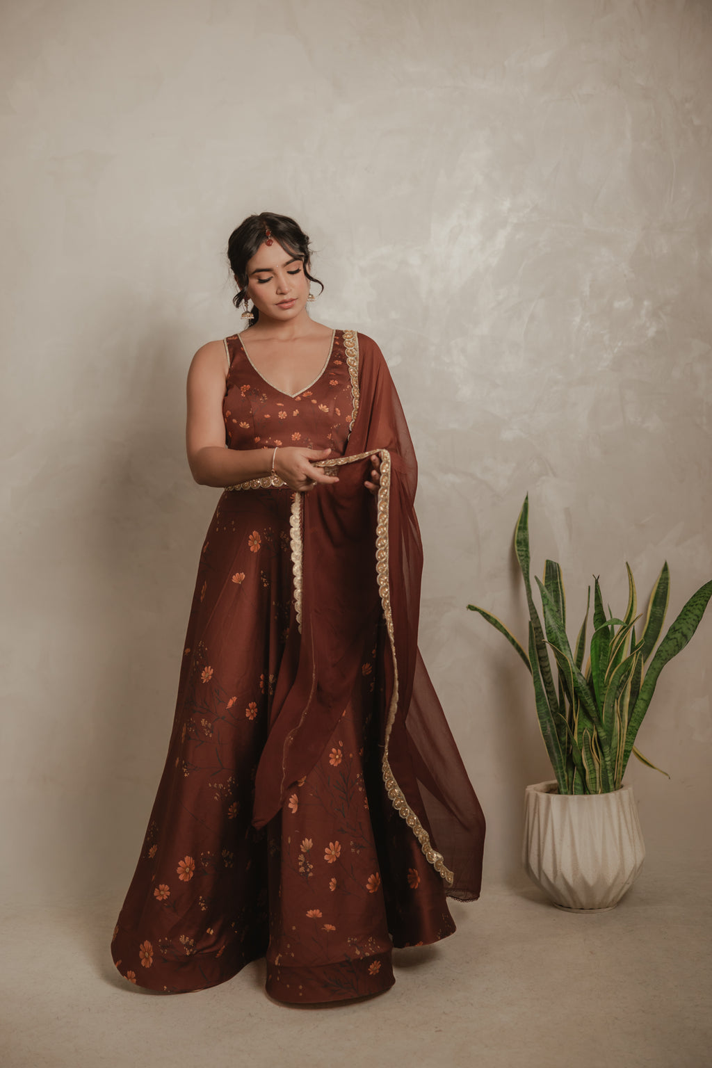 Sthira Celosia co-ord set in vegan silk, rust-brown botanical print, with dupatta, front view