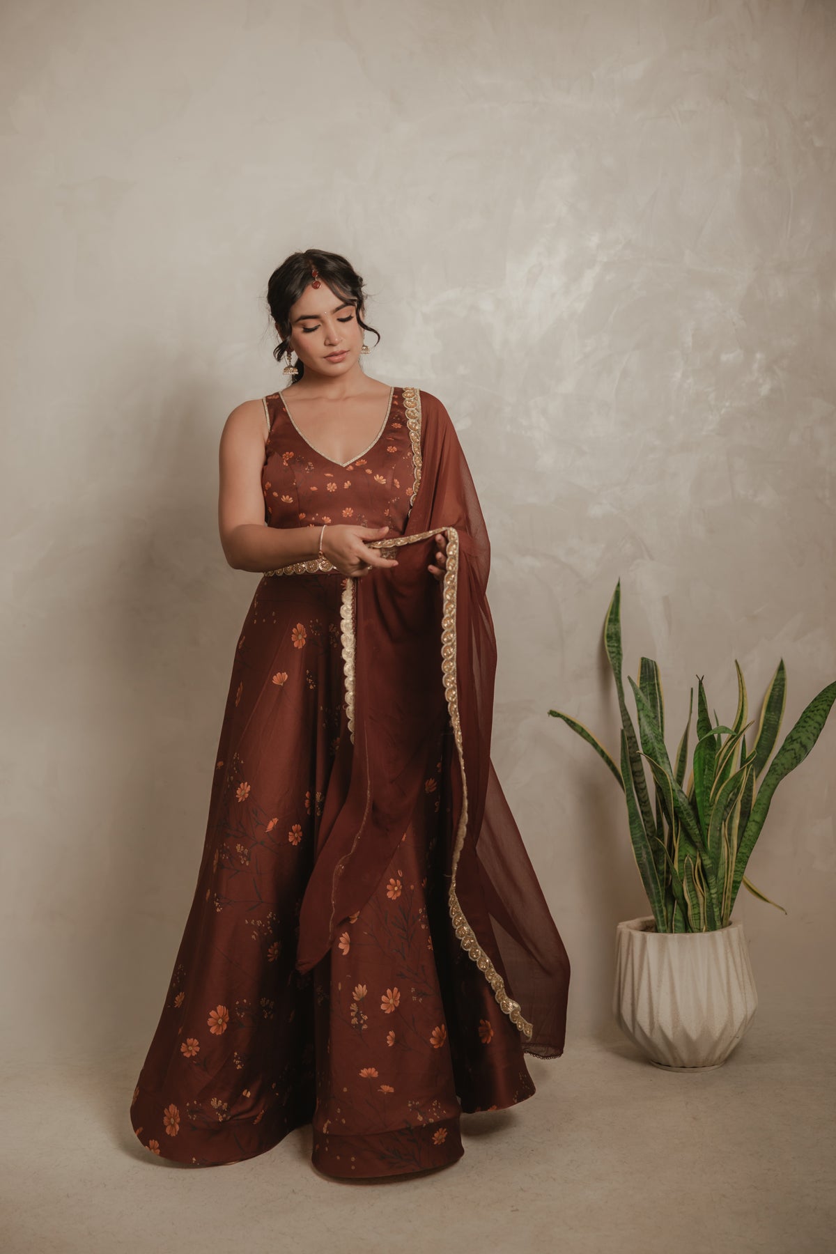 Sthira Celosia co-ord set in vegan silk, rust-brown botanical print, with dupatta, front view