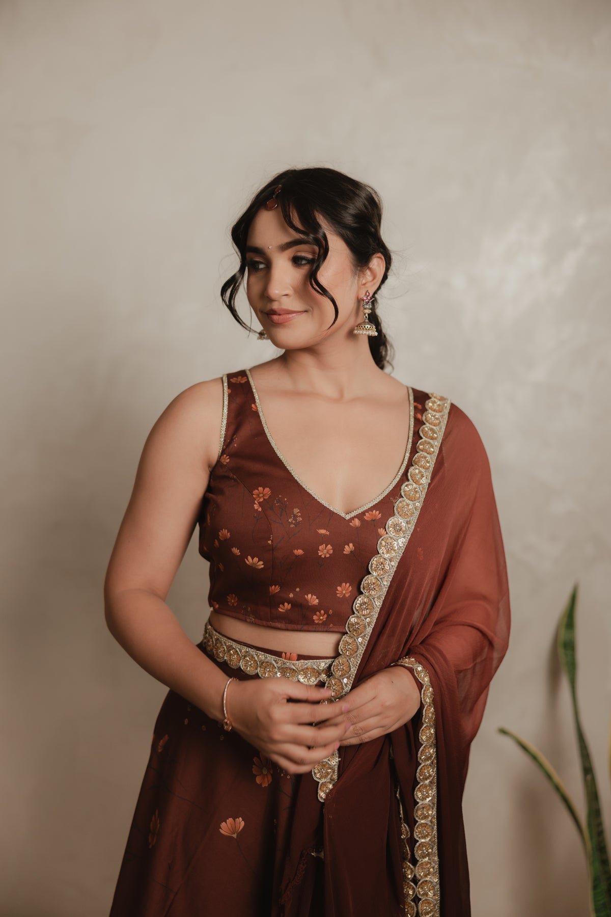 Sthira Celosia co-ord set in vegan silk, rust-brown botanical print, with dupatta