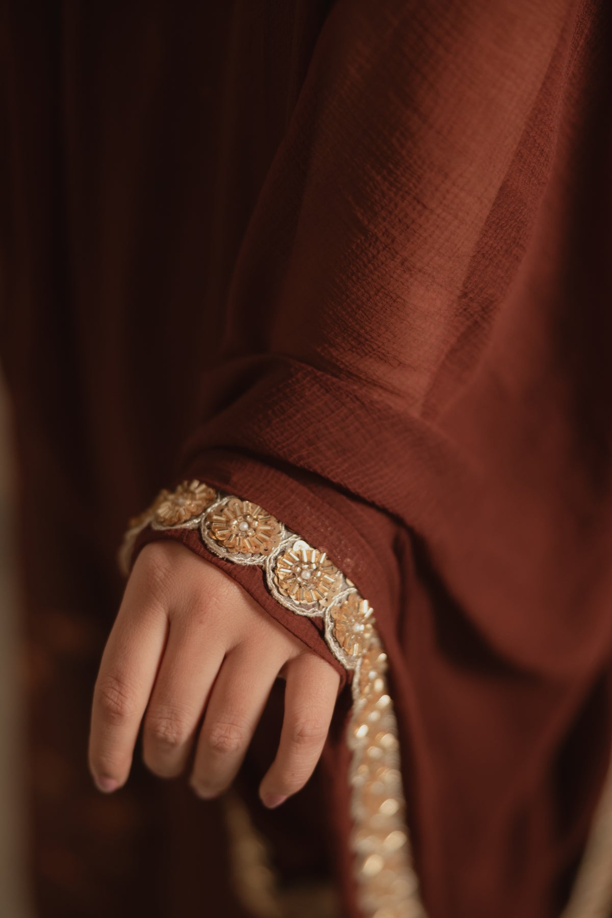 Sthira Celosia co-ord set in vegan silk, rust-brown botanical print, dupatta border detail