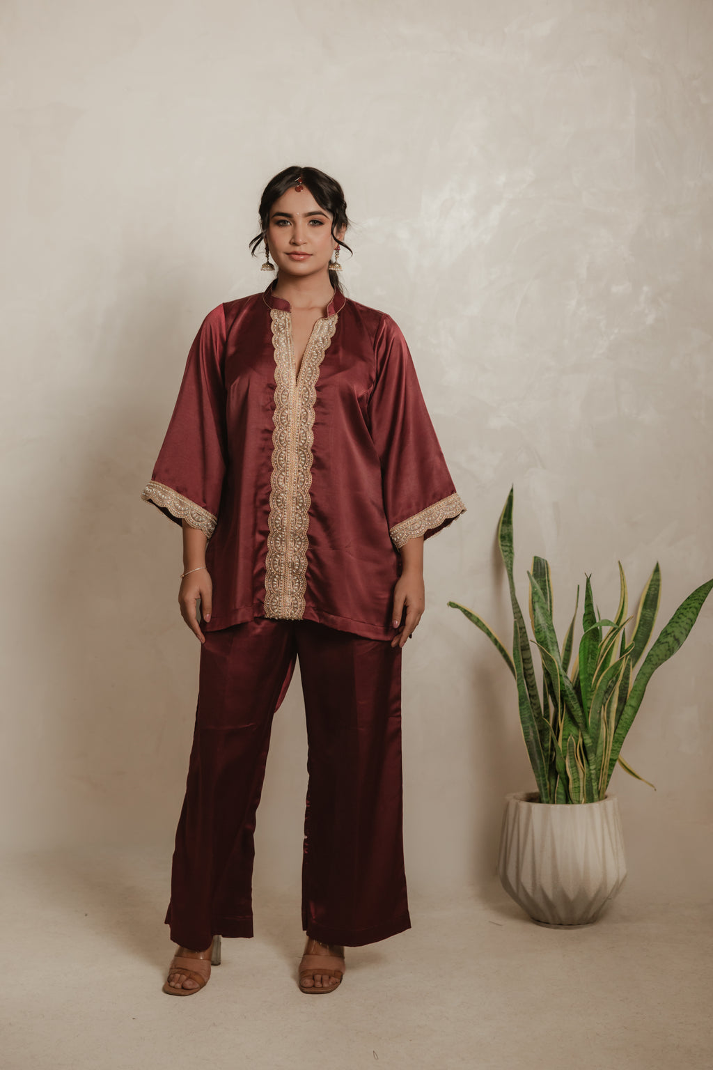 Sthira Azalea kurta set in satin-finish vegan silk, deep maroon with cream lace, front view