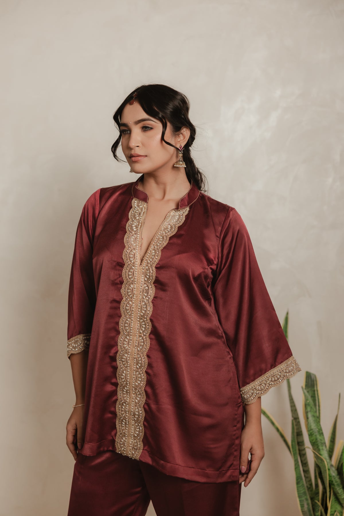 Sthira Azalea kurta set in satin-finish vegan silk, deep maroon with cream lace, front view, lace detail