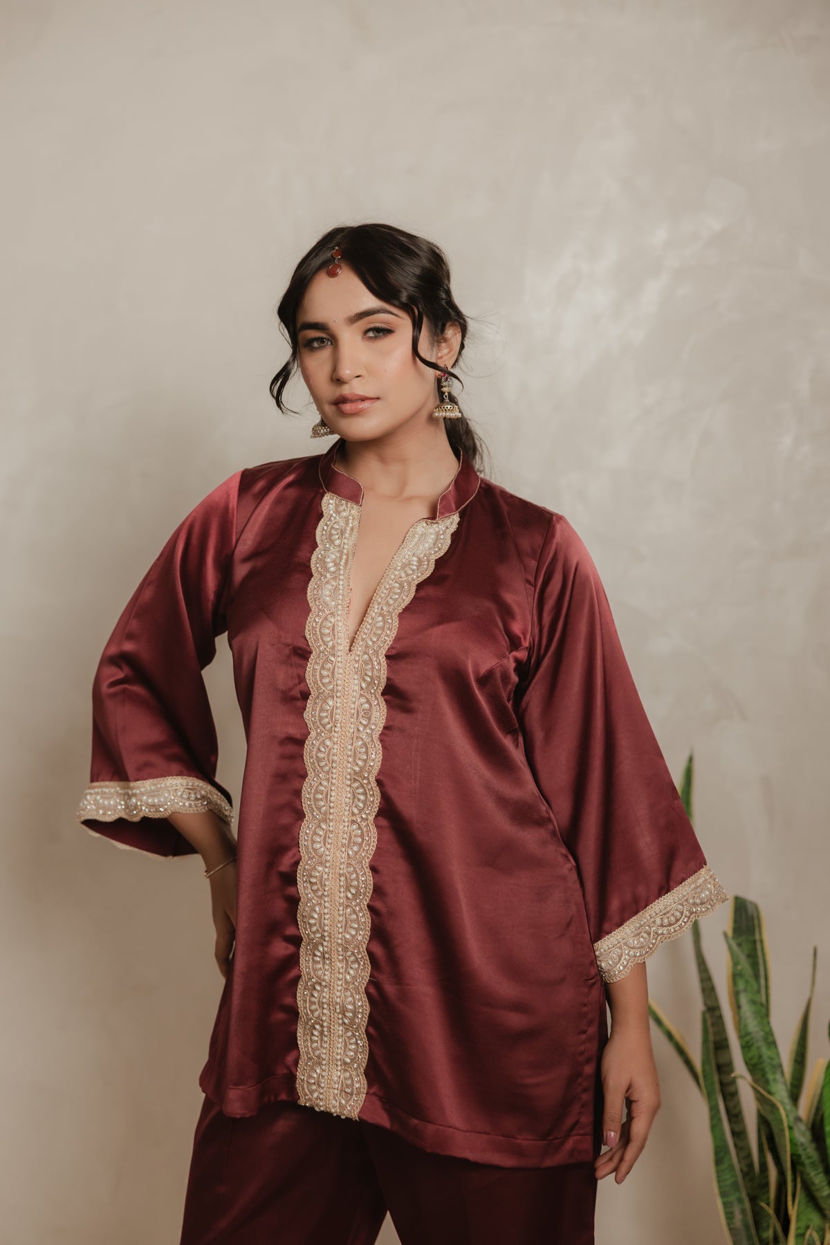 Sthira Azalea kurta set in satin-finish vegan silk, deep maroon with cream lace, front view