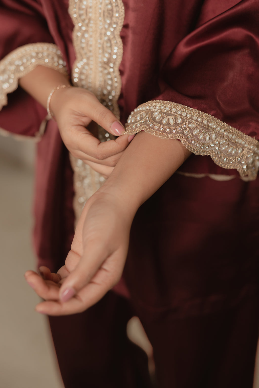 Sthira Azalea kurta set in satin-finish vegan silk, deep maroon with cream lace, lace placket and cuff detail