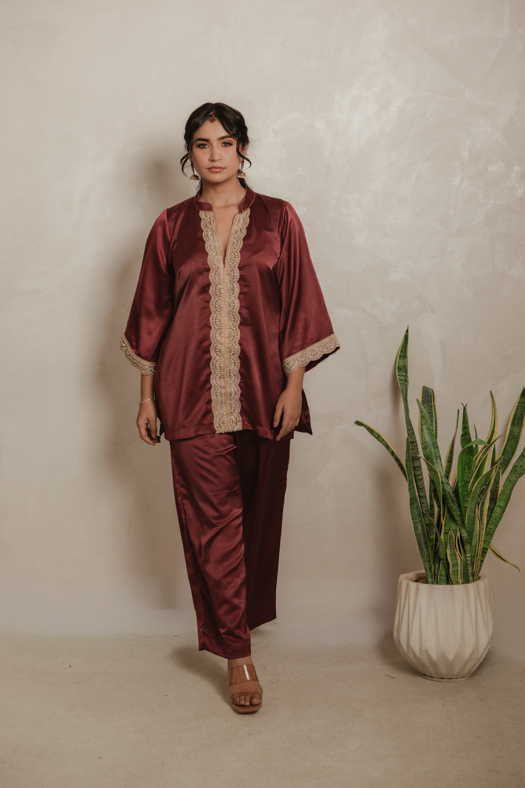 Sthira Azalea kurta set in satin-finish vegan silk, deep maroon with cream lace, front view