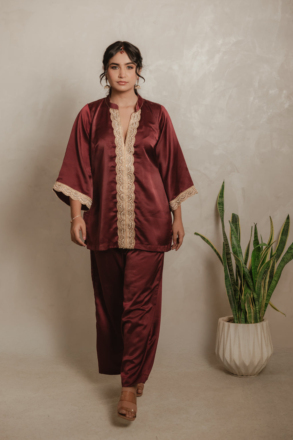 Sthira Azalea kurta set in satin-finish vegan silk, deep maroon with cream lace, front view
