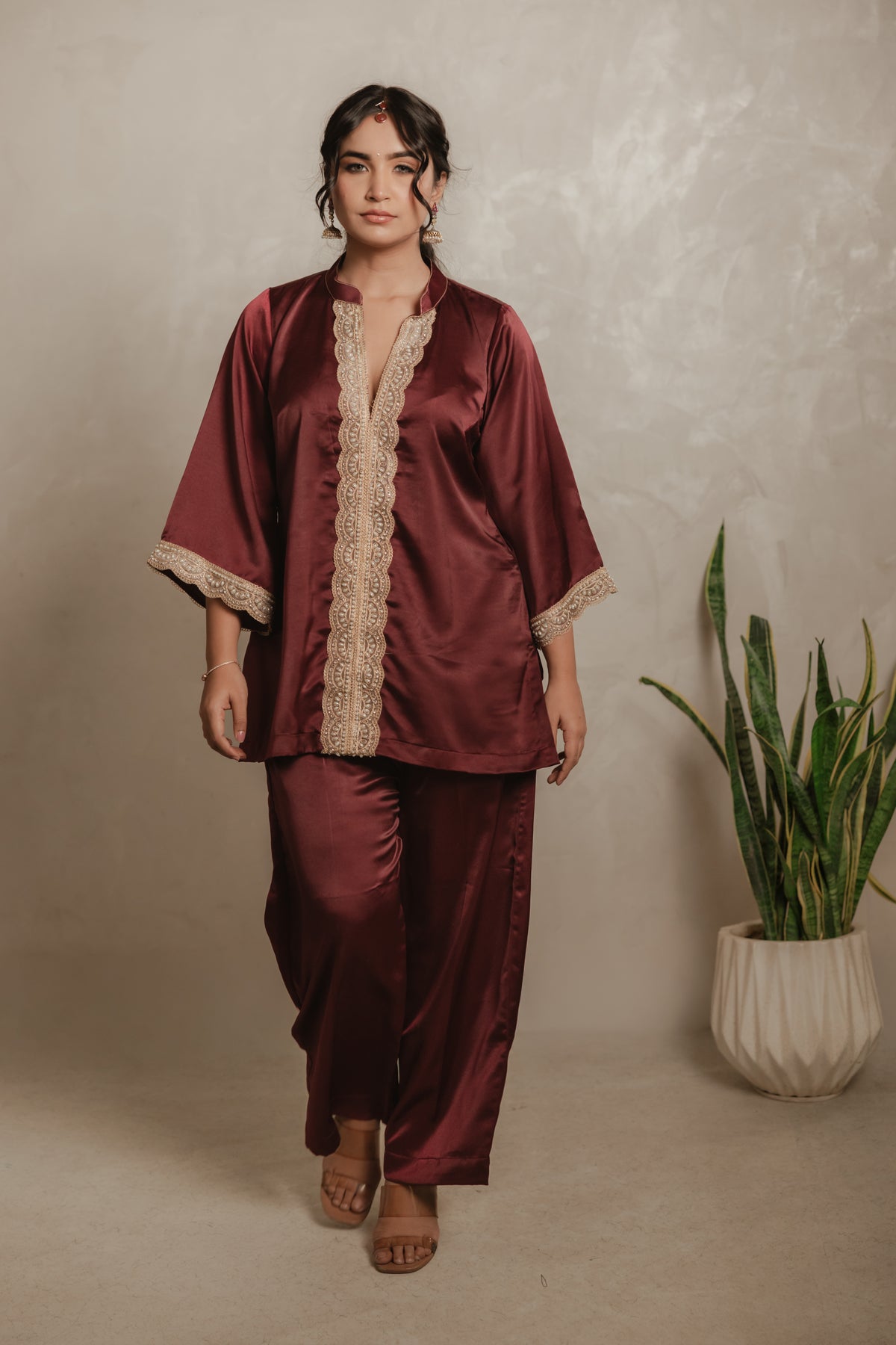 Sthira Azalea kurta set in satin-finish vegan silk, deep maroon with cream lace, front view