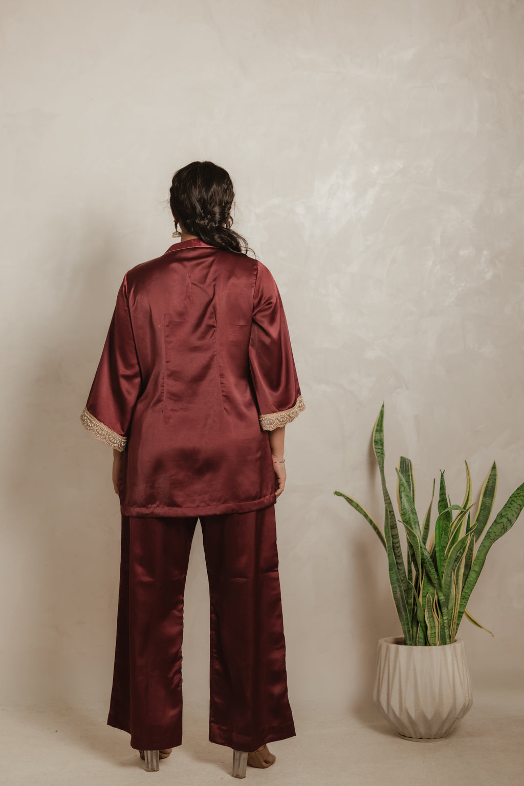 Sthira Azalea kurta set in satin-finish vegan silk, deep maroon with cream lace, back view