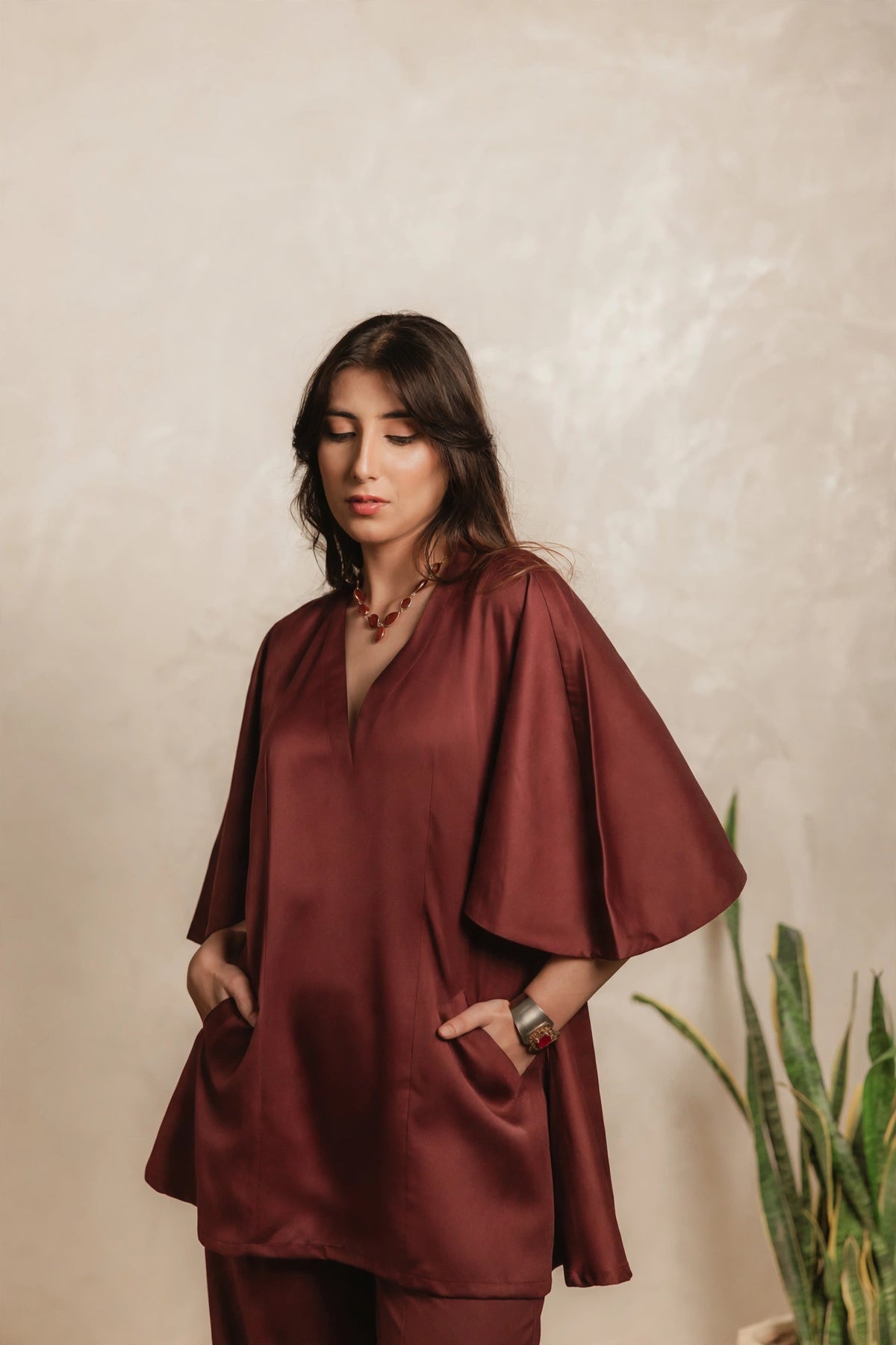 Sthira Amaranth kaftan tunic and trousers in deep maroon