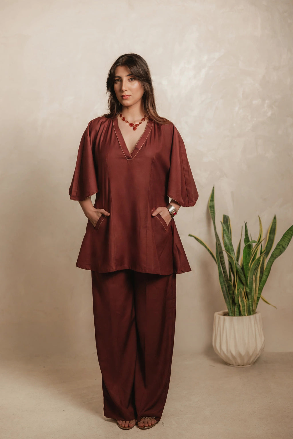 Sthira Amaranth kaftan tunic and trousers in deep maroon