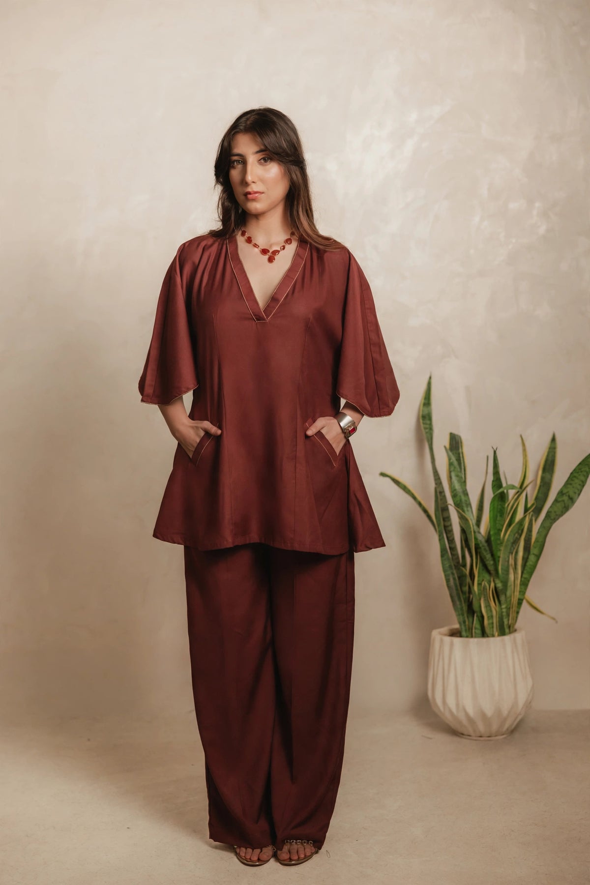 Sthira Amaranth kaftan tunic and trousers in deep maroon