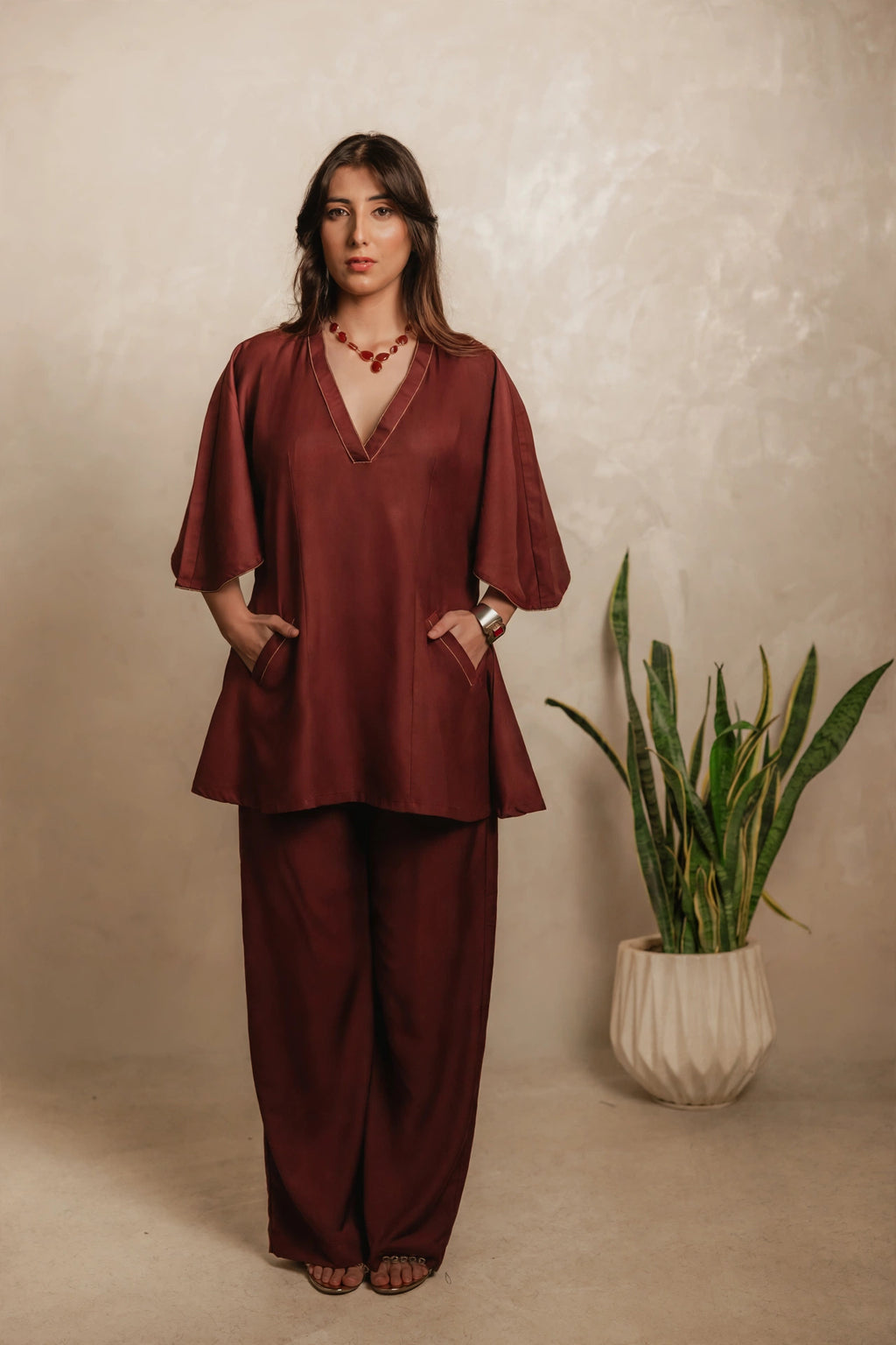 Sthira Amaranth kaftan tunic and trousers in deep maroon