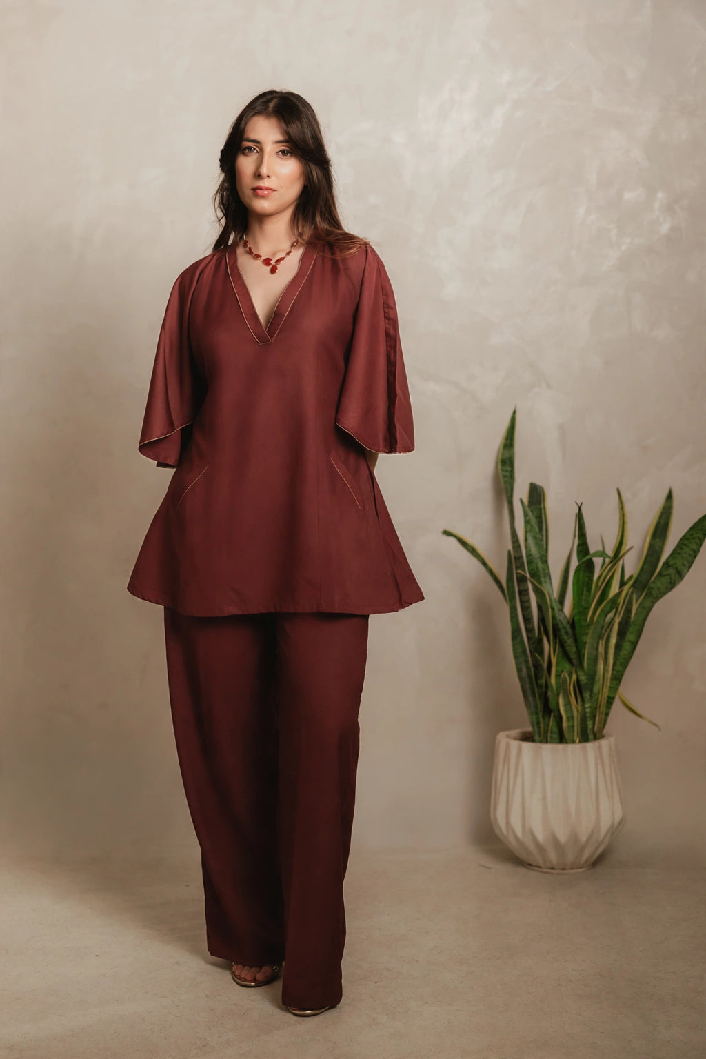 Sthira Amaranth kaftan tunic and trousers in deep maroon